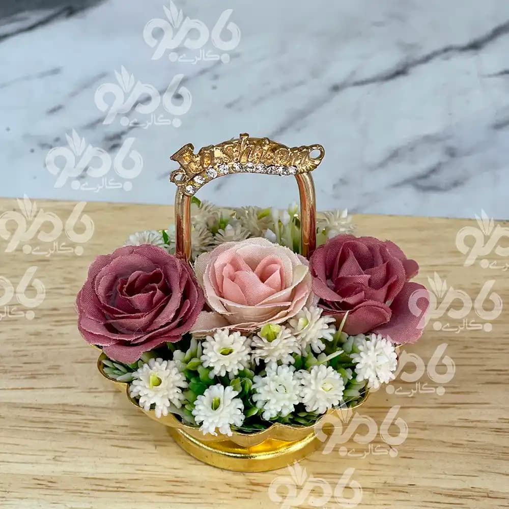 گل و گلدان کوچک گلدار سبدی طلایی نگین دار — تصویر ۳