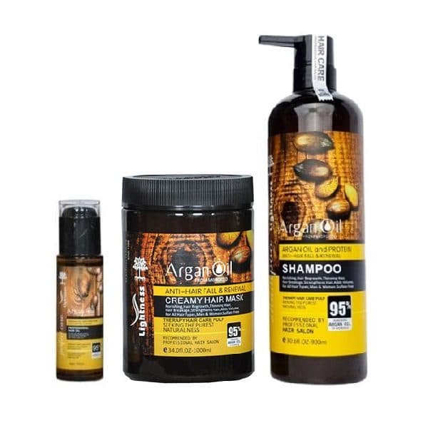 پک مراقبت مو آرگان لایتنس بدون سولفات شامپو 900میل + ماسک 1000میل + روغن آرگان 100میل مناسب موهای خشک و آسیبدیده
