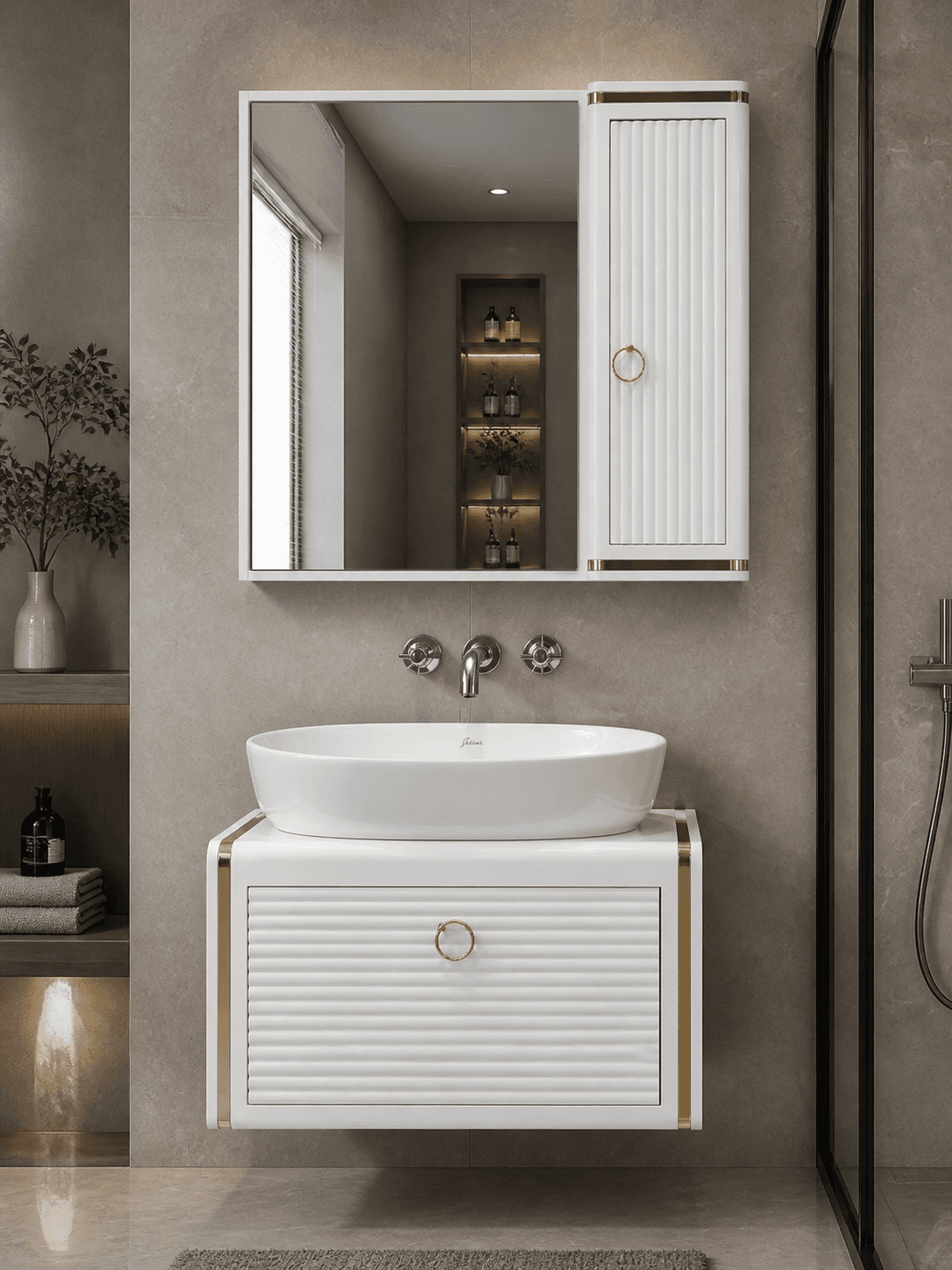 ست کابینت روشویی لوکس سفید طلایی 40×60 | PVC ضد آب