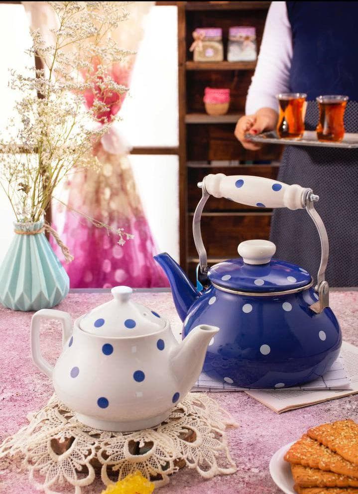 ست کتری قوری لعابی توپی طرح ترک ساخت چین در 4 رنگ — تصویر ۲
