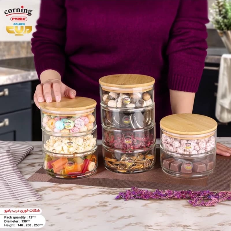 شکلات خوری دو،سه و چهار طبقه قطر 13 سانت پیرکس درب بامبو کورنینگ corning