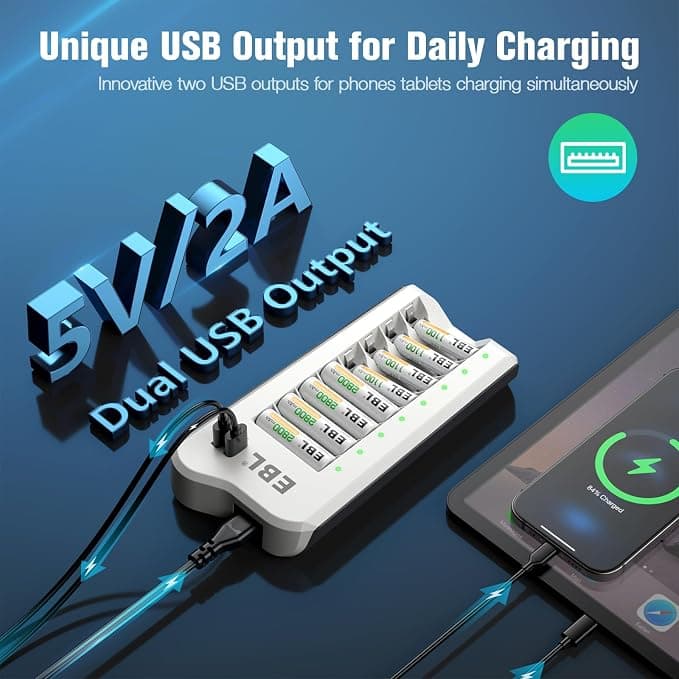 شارژر باتری ۸ خشاب ایبیال برای باتریهای قلمی و نیمقلمی | EBL 8 Bay AA AAA Ni-MH Ni-Cd Rechargeable Battery Charger — تصویر ۳