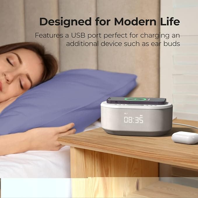 اسپیکر بلوتوث و ساعت رومیزی هوشمند آی‌باکس با شارژر وایرلس و رادیو | i-box Bedside Wireless Charging Radio Alarm Clock — تصویر ۴