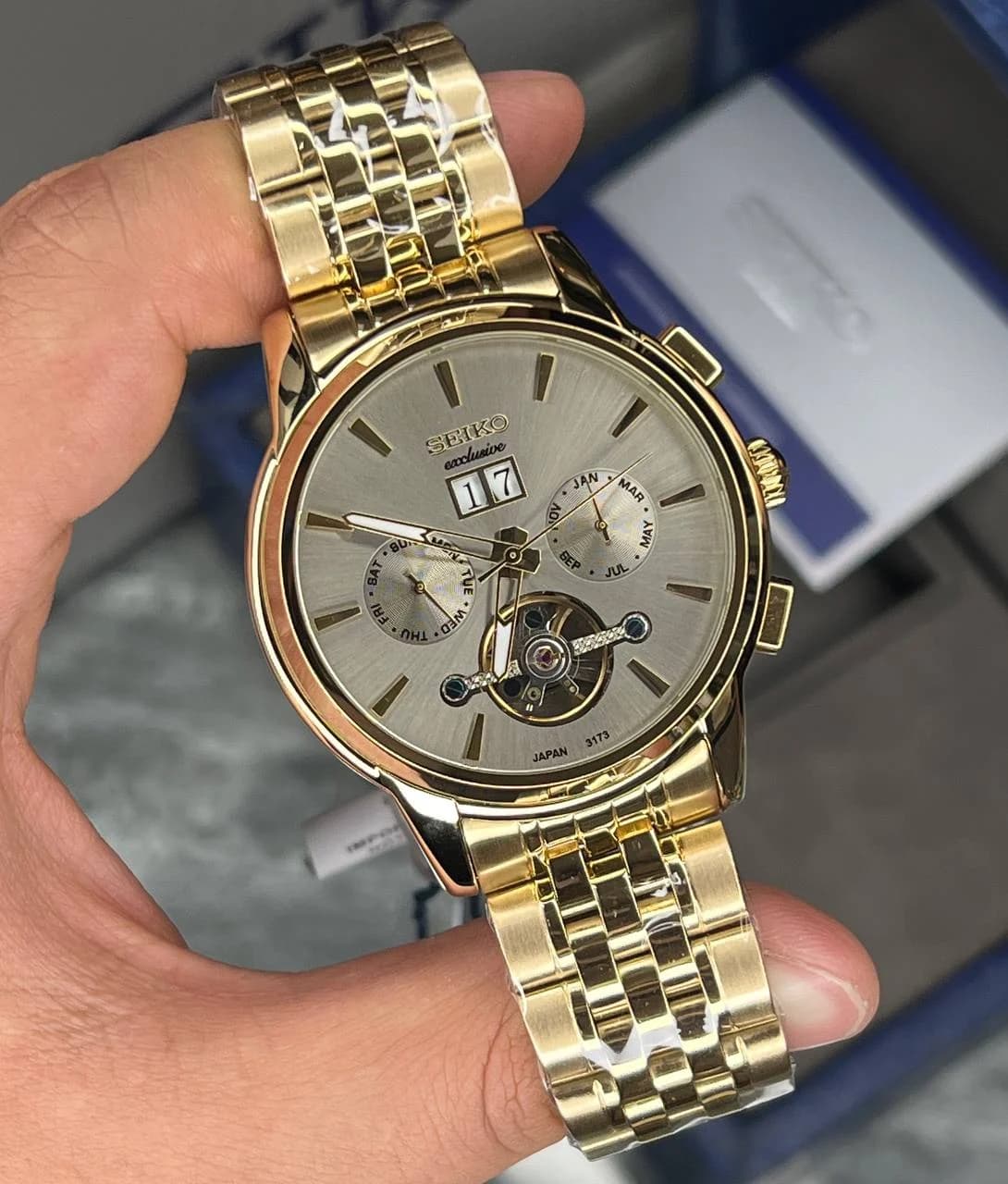 ساعت سیکو مردانه دو تقویم سیکو اکسکلوسیو مدل 3173 رنگ طلایی صفحه کرم
