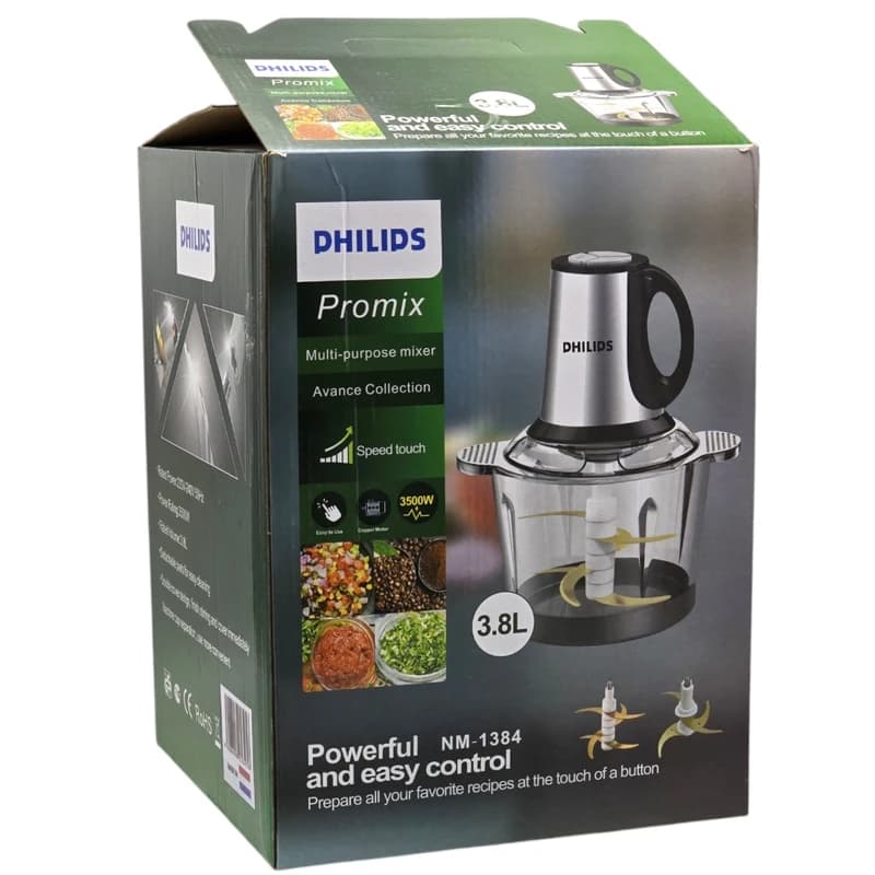 خردکن اقتصادی فیلیپس مدل NM-1384 + یک کاسه شیشه ای و کاسه استیل (۶+۴ تیغه تیتانیوم) — تصویر ۳