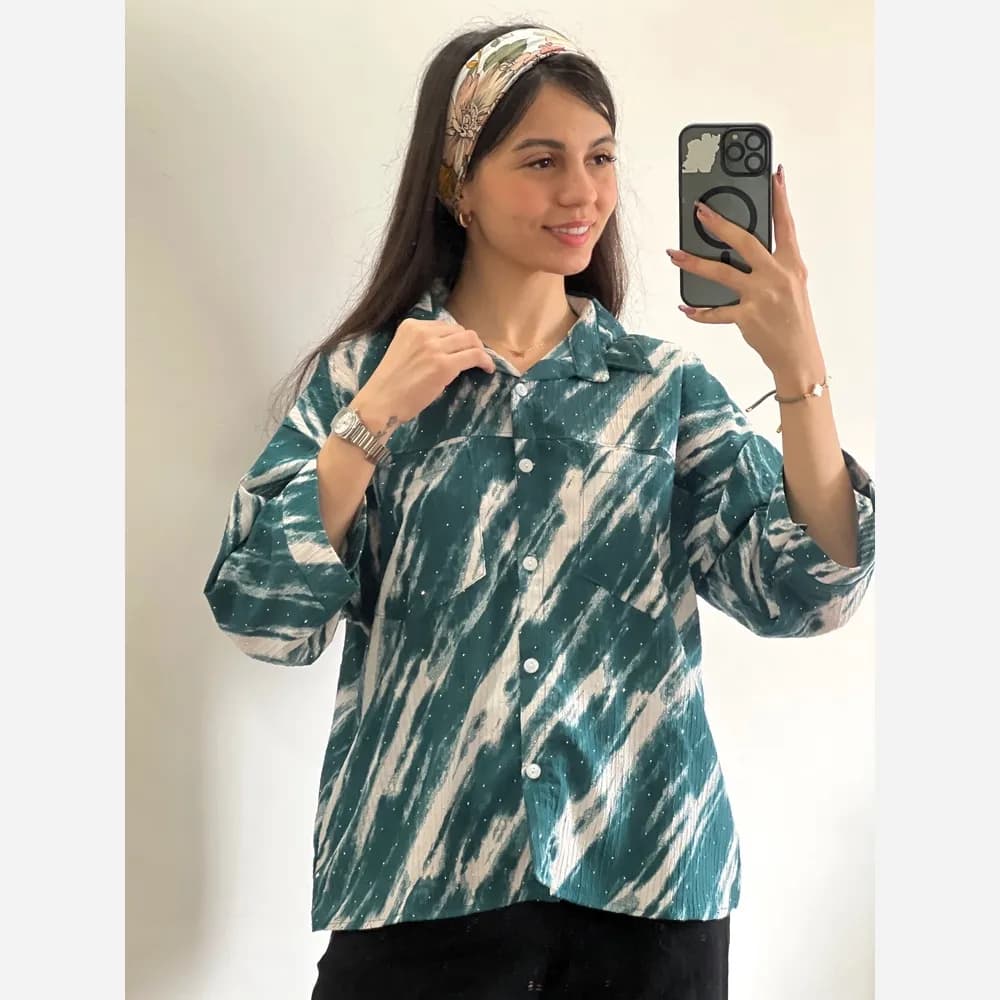 شومیز نخ کراش نگین دار جیب دار فری سایز — تصویر ۲