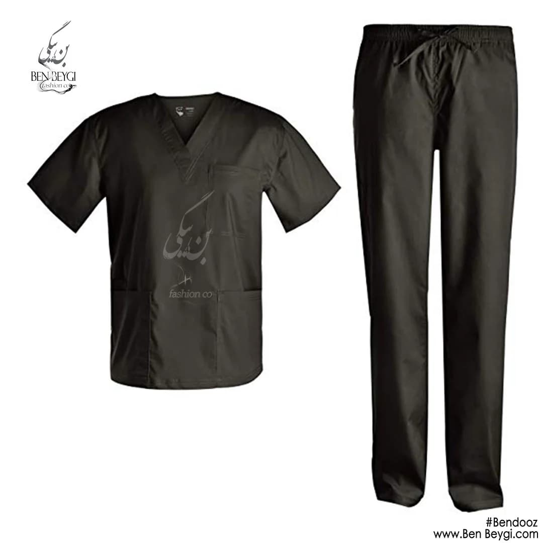 اسکراب پزشکی مردانه با شلوار پارچه ترگال یقه هفت آستین کوتاه مشکی SHA-455-9831 — تصویر ۲