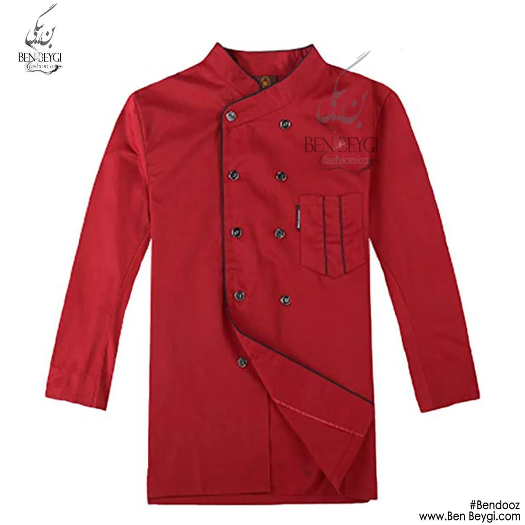 پیراهن آشپزی پارچه ترگال یقه ایستاده دو ردیف دکمه مغزی دوزی شده مشکی قرمز کد 9502 — تصویر ۲