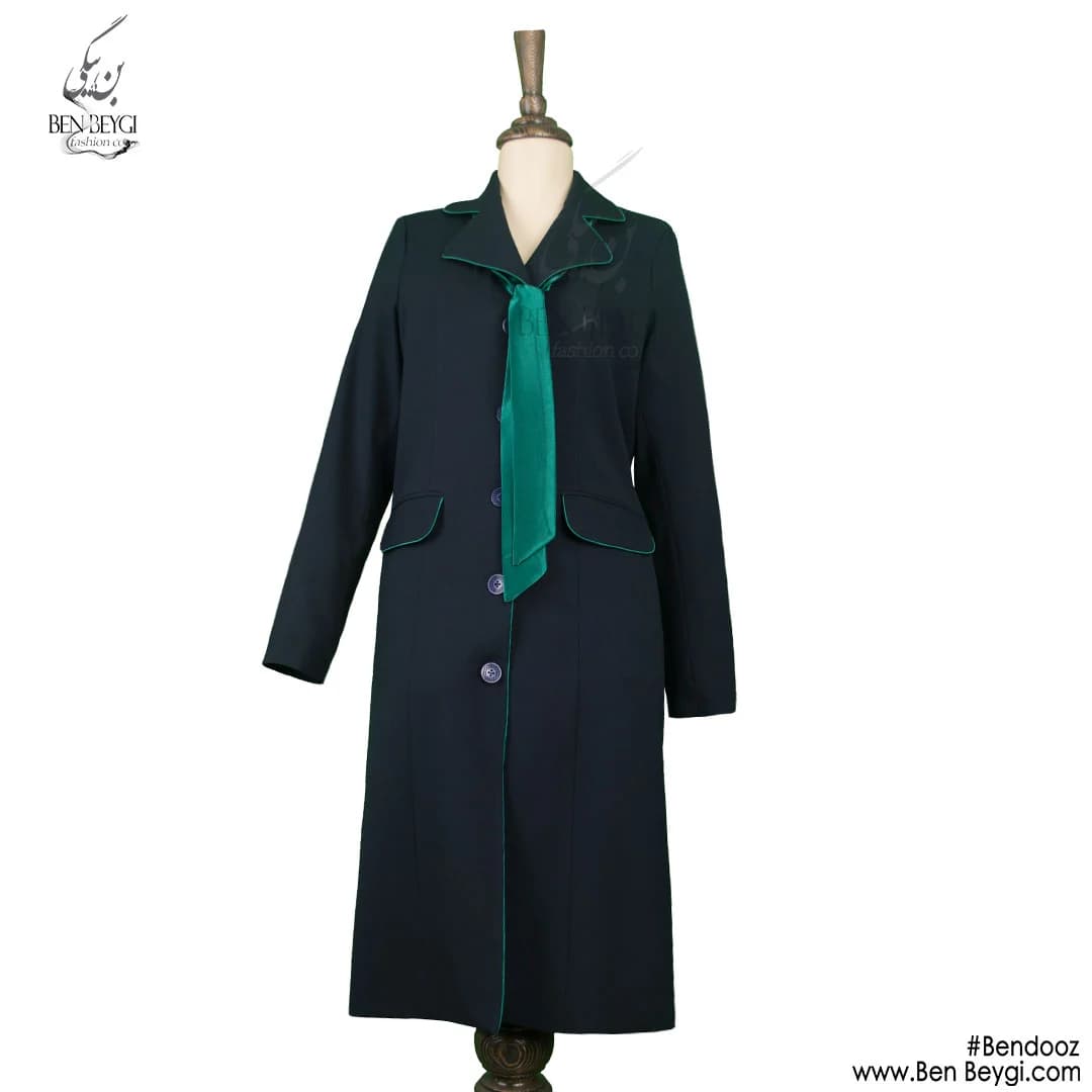 مانتو شلوار اداری سرمه ای دو جیب درب دار کروات دار پارچه فیونا کد 8827