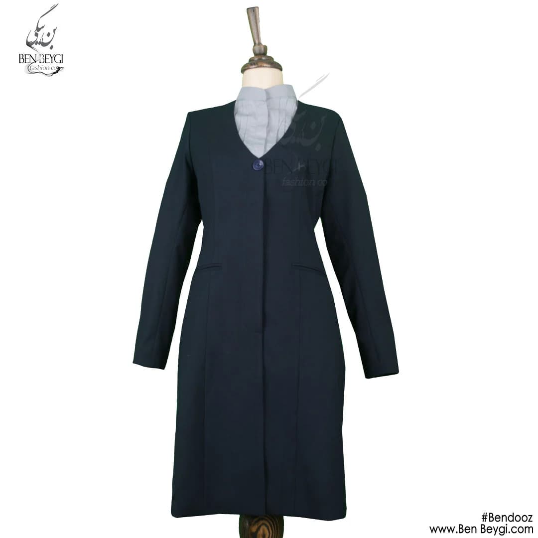 مانتو شلوار اداری تک دکمه طرح شومیزدار پارچه بزیاق کد 8804