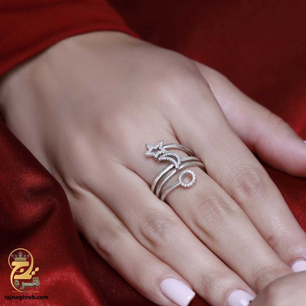 انگشتر نقره دخترانه جدید طرح ماه و ستاره مدل RSW F9 — تصویر ۲