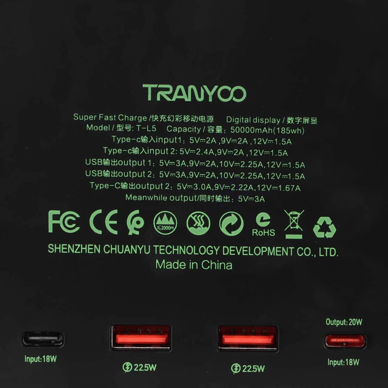پاوربانک (فست شارژ) Tranyoo 22.5W 50000mAh مدل T-L5 – مشکی — تصویر ۵