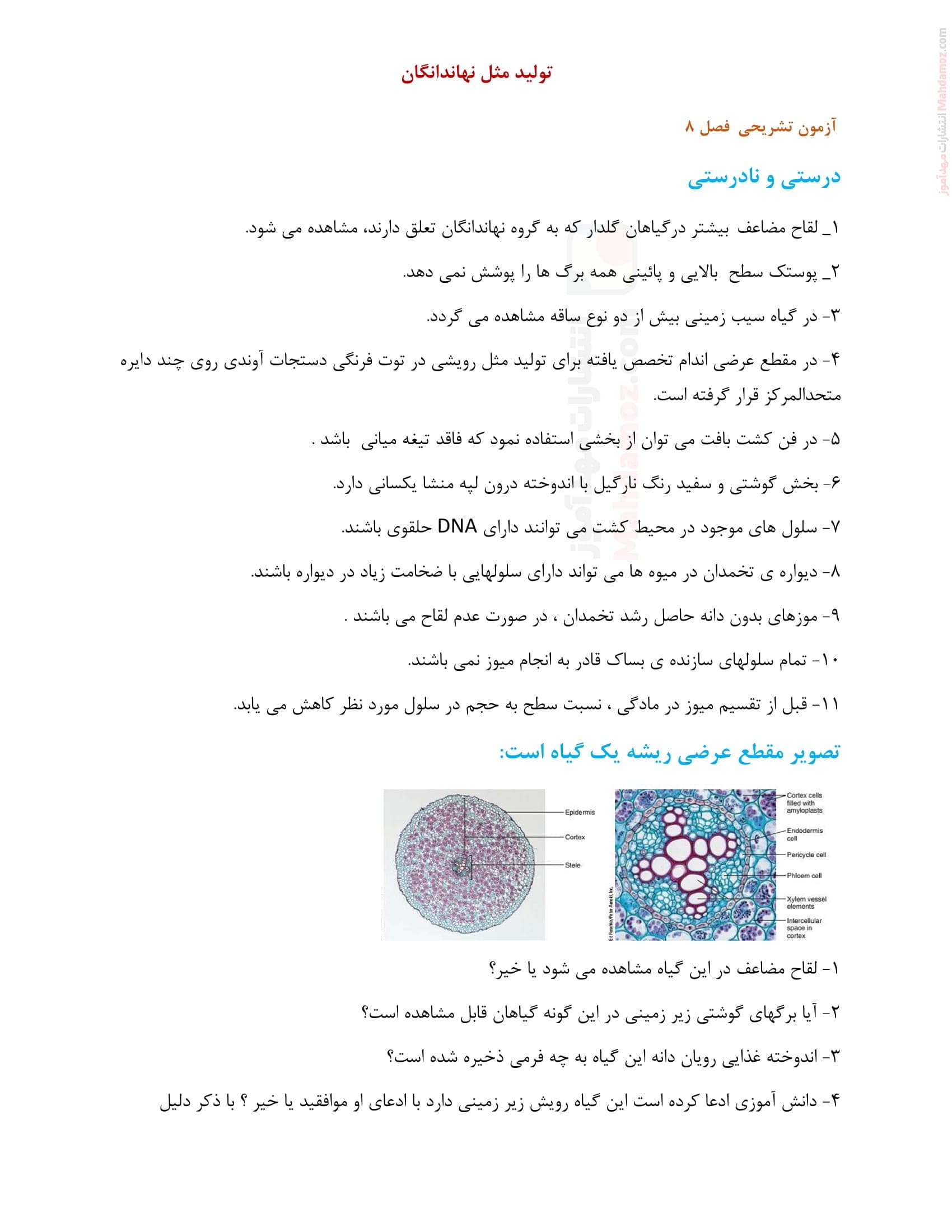 نمونه سوال امتحانی فصل 8 زیست شناسی پایه یازدهم | با جواب