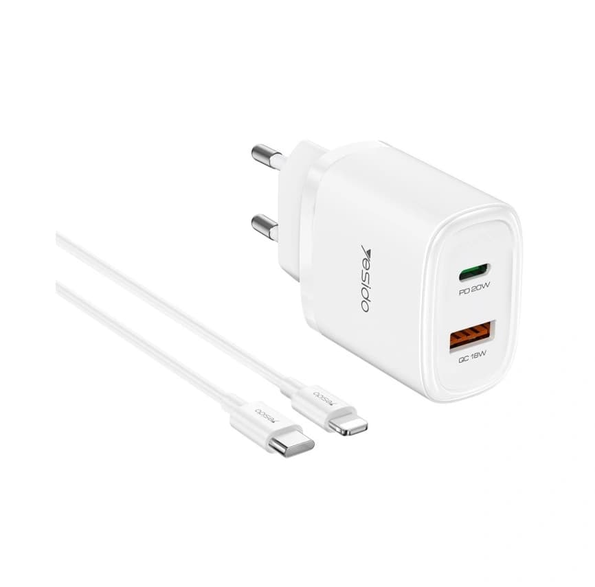 شارژر دیواری فست شارژ Yesido YC47 2Port 20W با کابل TypeC/lightning