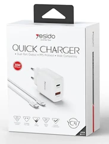 شارژر دیواری فست شارژ Yesido YC47 2Port 20W با کابل TypeC/lightning — تصویر ۳