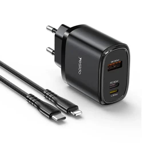 شارژر دیواری فست شارژ Yesido YC52 3Port 3A 30W + کابل آیفونی