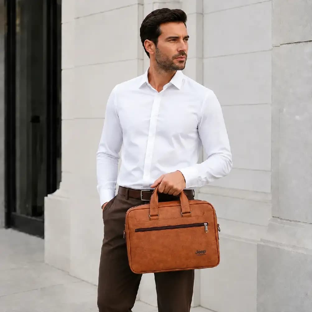 کیف اداری دو طرفه قهوه‌ای | چرم صنعتی سوگو با محافظ لپ‌تاپ + ارسال فوری کد G50