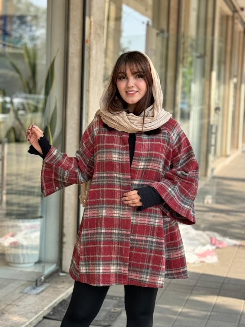 پالتو عروسکی زرشکی طوسی چهارخونه