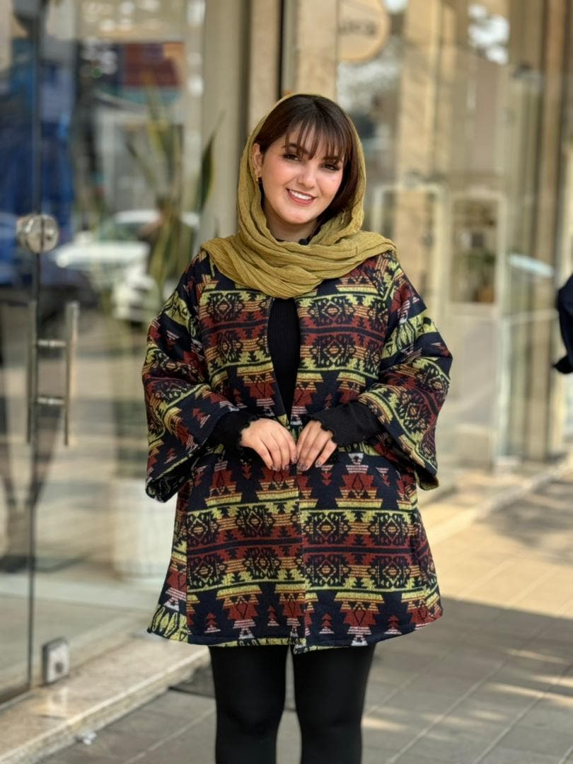 پالتو عروسکی طرحدار سورمه ای آجری خردلی — تصویر ۲