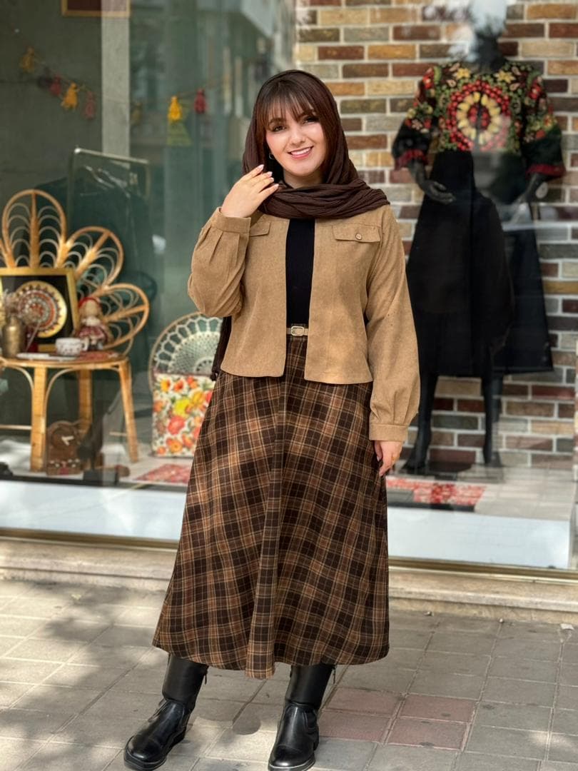 کت و دامن آبان چهارخونه نسکافه ای قهوه ای
