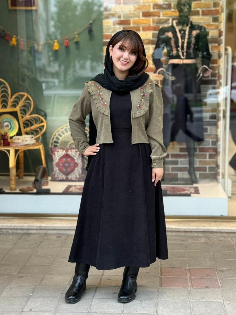 کت و سارافون شقایق کبریتی مشکی زیتونی — تصویر ۲