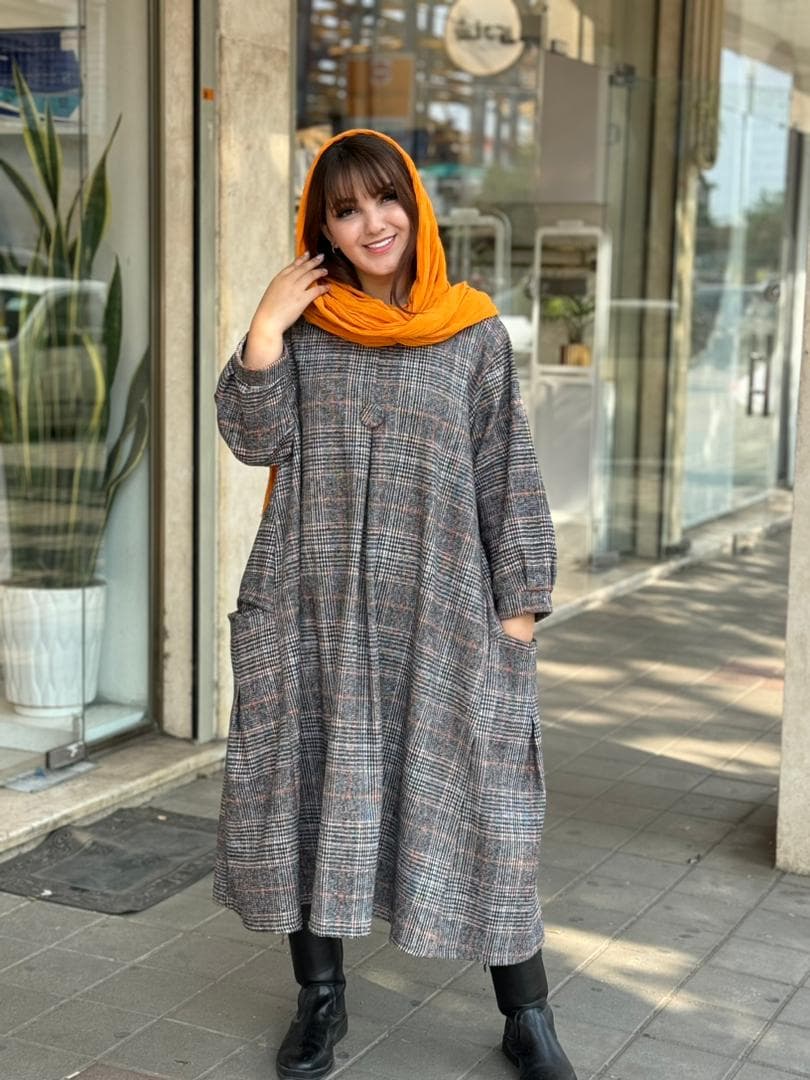 پیراهن کعبه طوسی نارنجی چهارخونه ریز — تصویر ۳