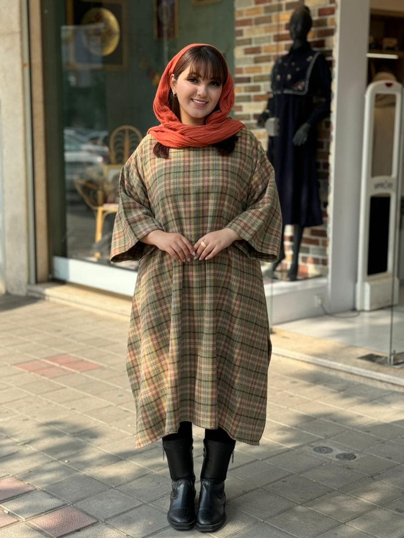 پانچ جلوبسته پشمی زیتونی خردلی چهارخونه ریز — تصویر ۲