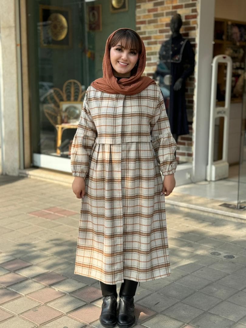 پالتو زمستانی کرم استخونی آجری چهارخونه