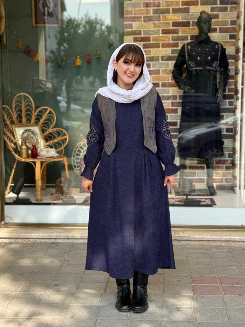 پیراهن جلیقه بته جقه کبریتی سورمه ای طوسی