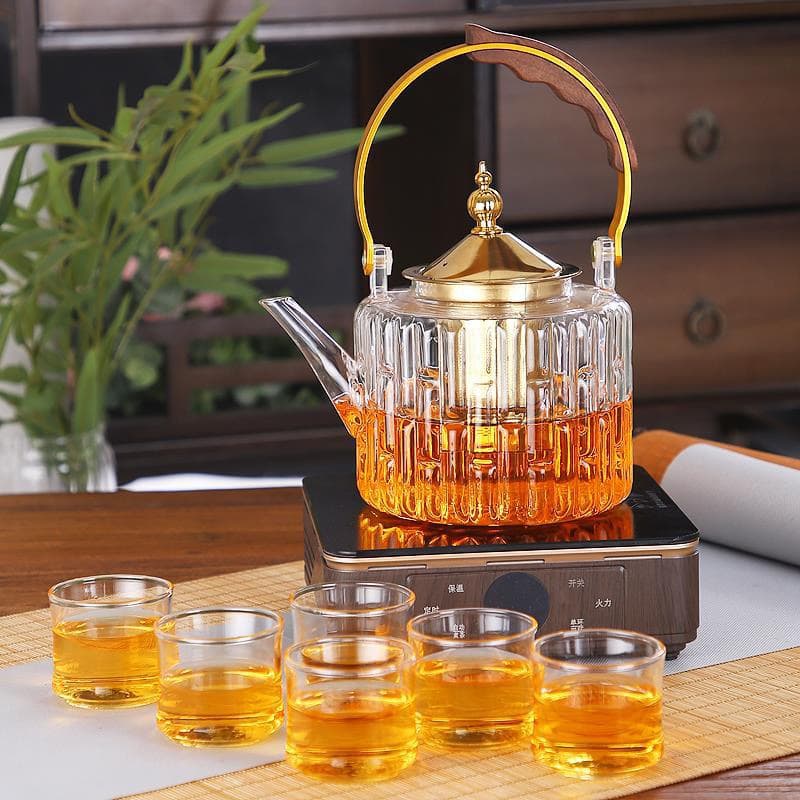 قوری پیرکس دسته چوبی و استیل طلایی 1000 میل — تصویر ۲