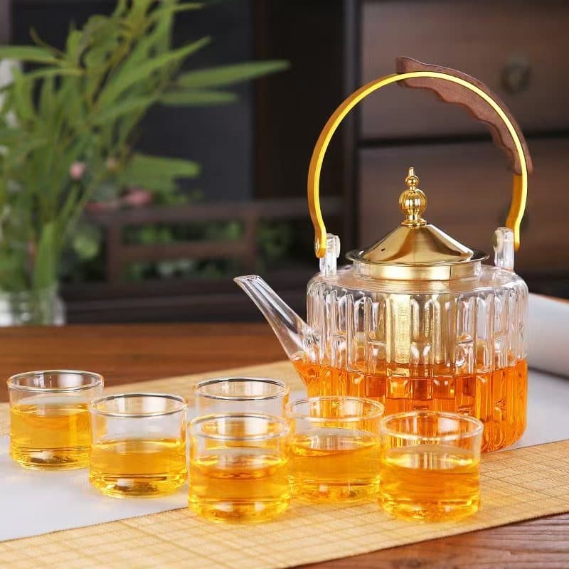 قوری پیرکس دسته چوبی و استیل طلایی 1000 میل — تصویر ۴