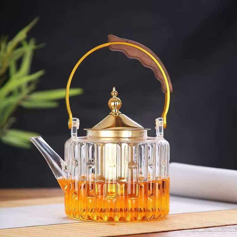 قوری پیرکس دسته چوبی و استیل طلایی 1000 میل — تصویر ۵