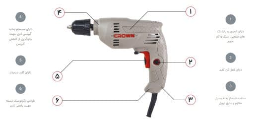 دریل 6 میلیمتر 300 وات سه نظام اتوماتیک کرون کد CT10125C — تصویر ۳