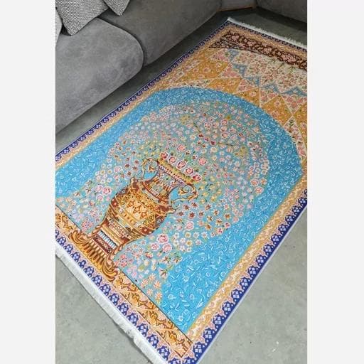 فرش ماشینی چاپی | فرشینه هازان ترک طرح گلدان آبی فیروزه ای کد A019 — تصویر ۳