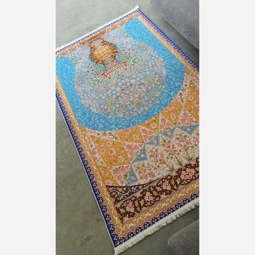 فرش ماشینی چاپی | فرشینه هازان ترک طرح گلدان آبی فیروزه ای کد A019 — تصویر ۶