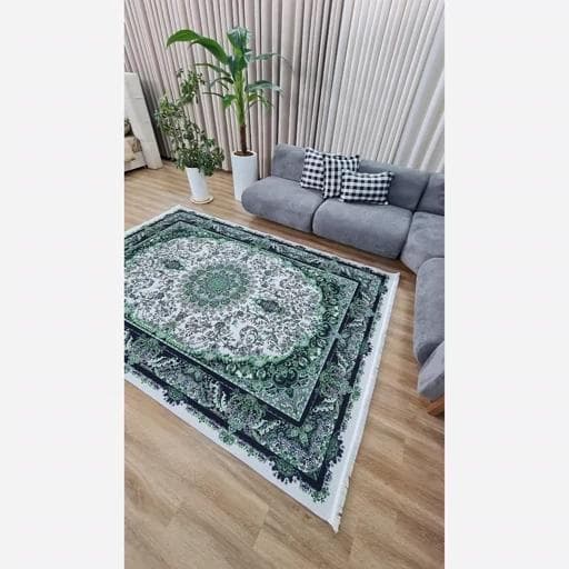 فرش ماشینی چاپی | فرشینه هازان ترک زمینه سبز و سفید کد h556 (پس کرایه) — تصویر ۳