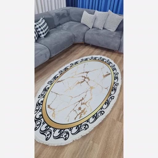 فرش ماشینی چاپی | فرشینه هازان ترک مدرن سفید طلایی ضد پرز کد h413 (پس کرایه) — تصویر ۸