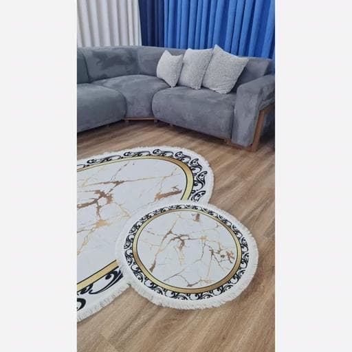 فرش ماشینی چاپی | فرشینه هازان ترک مدرن سفید طلایی ضد پرز کد h413 (پس کرایه) — تصویر ۴