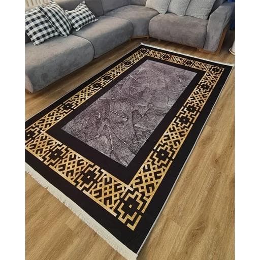 فرش ماشینی چاپی | فرشینه هازان ترک مدرن مشکی طلایی کد h246 (پس کرایه)