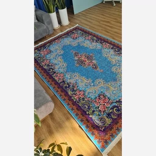 فرش ماشینی چاپی | فرشینه هازان ترک طرح ابریشمی آبی کد 084 (پس کرایه) — تصویر ۵