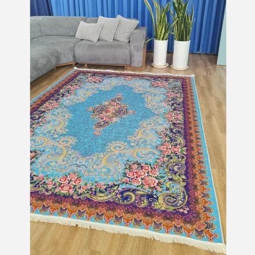 فرش ماشینی چاپی | فرشینه هازان ترک طرح ابریشمی آبی کد 084 (پس کرایه) — تصویر ۲