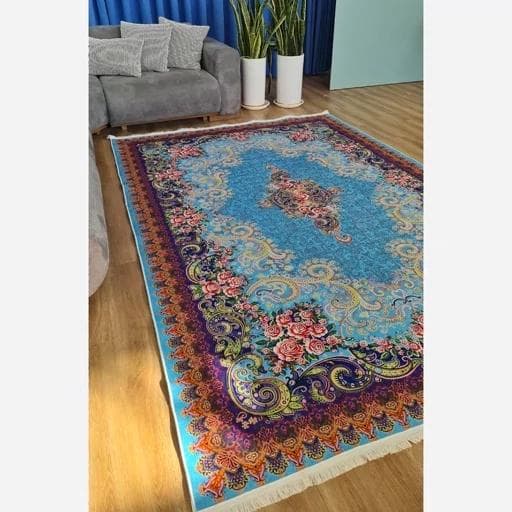 فرش ماشینی چاپی | فرشینه هازان ترک طرح ابریشمی آبی کد 084 (پس کرایه) — تصویر ۸