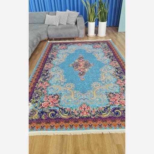 فرش ماشینی چاپی | فرشینه هازان ترک طرح ابریشمی آبی کد 084 (پس کرایه) — تصویر ۷