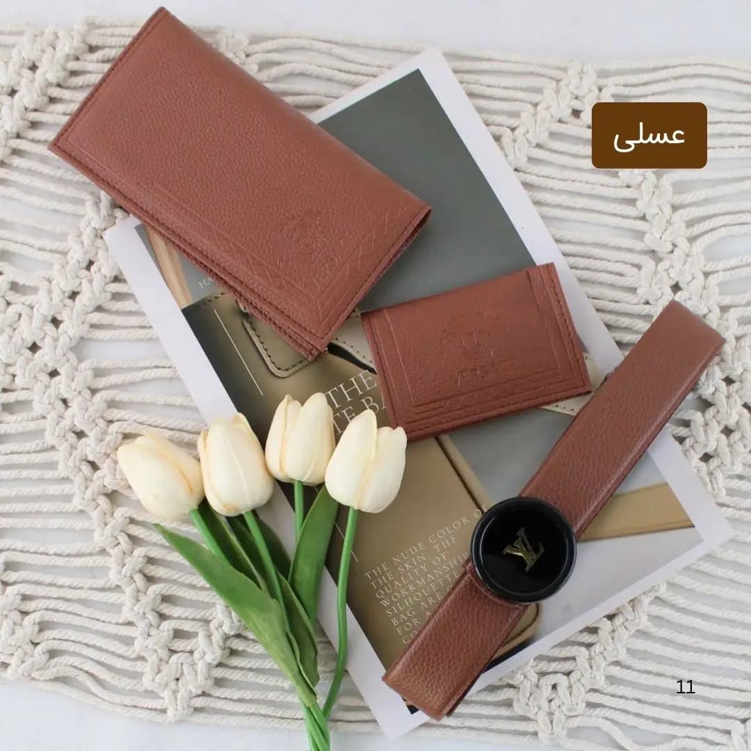 ست کیف و کمربند و جاکارتی عسلی شیک مناسب هدیه روز پدر و تولدها با ارسال رایگان