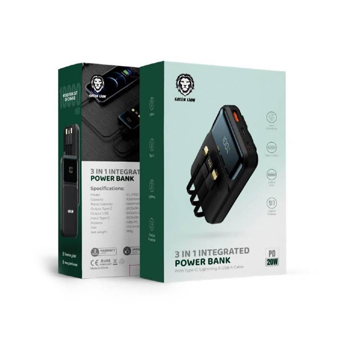 پاوربانک گرین لاین 20 وات مدل 3IN1 INTEGRATED ظرفیت 10000 میلی آمپر — تصویر ۲