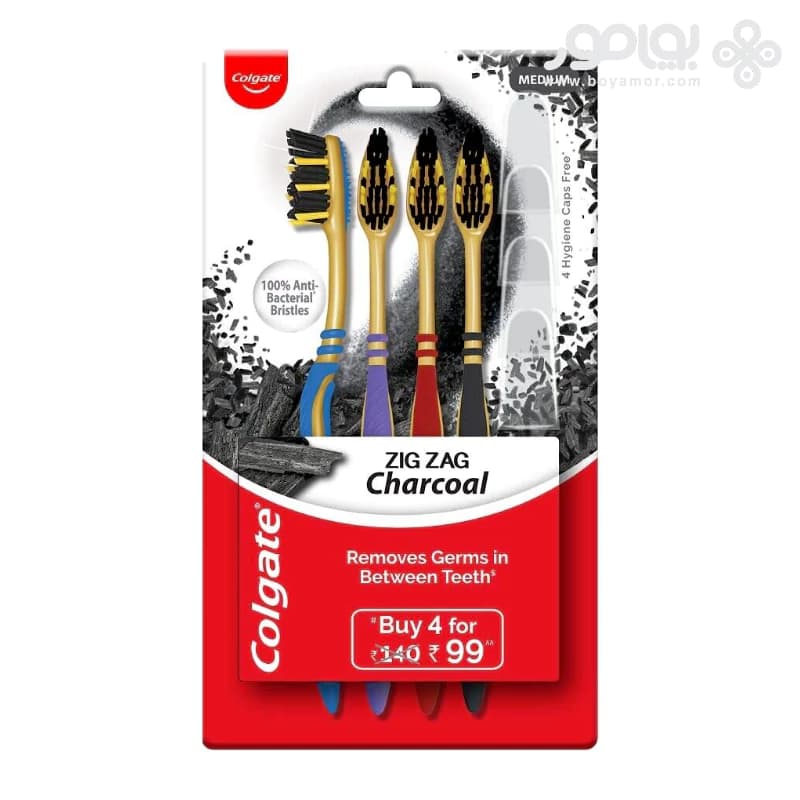 مسواک زغالی کلگیت مدل ZIG ZAG CHARCOAL با برس متوسط بسته 4 عددی