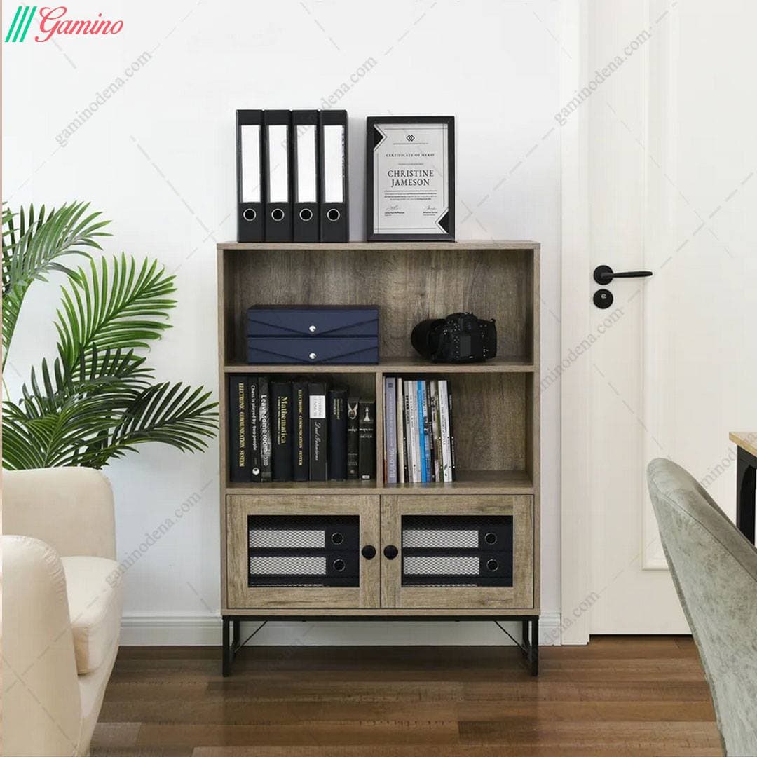 کتابخانه کوچک خانگی فلز و چوب مدرن مدل رویسان — تصویر ۳