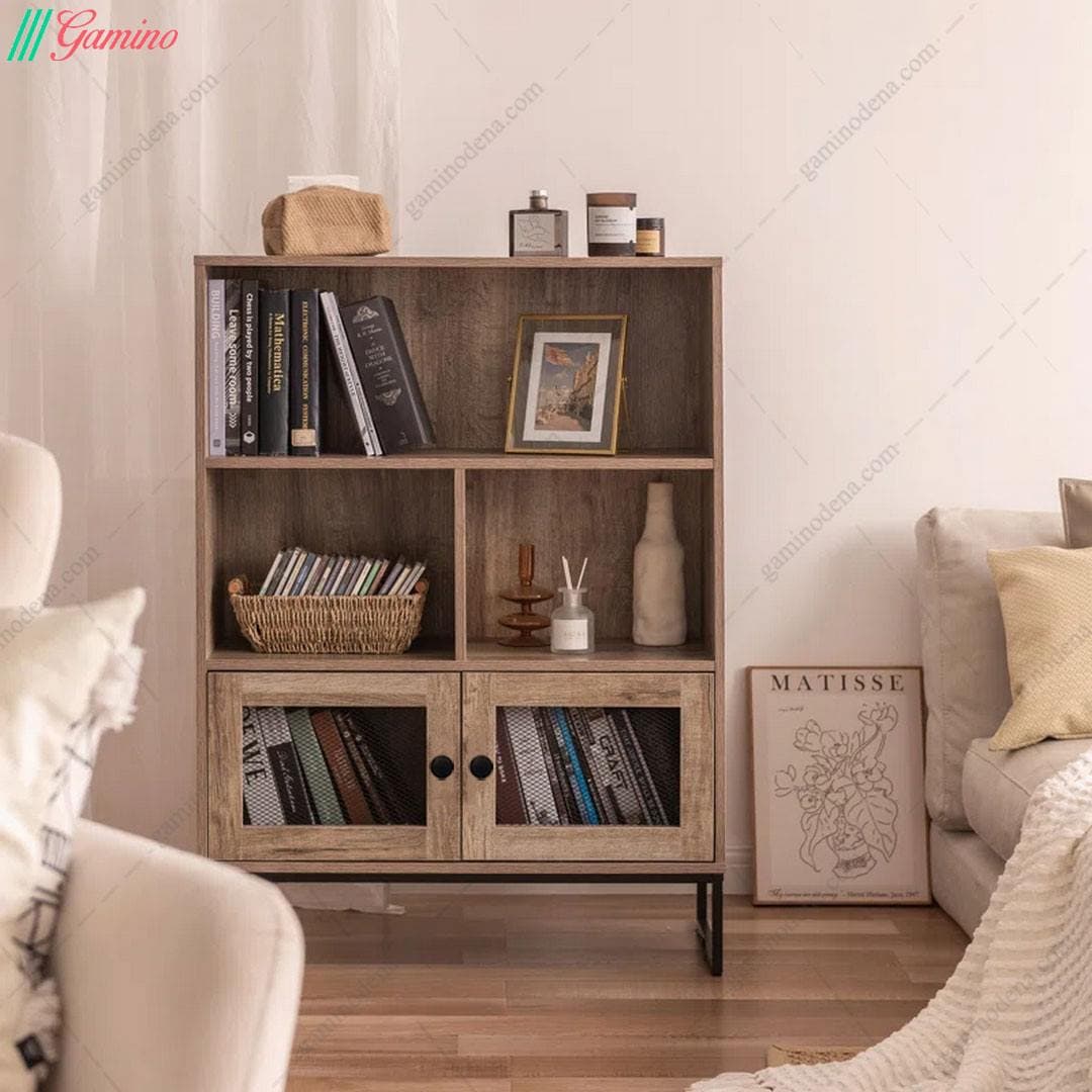کتابخانه کوچک خانگی فلز و چوب مدرن مدل رویسان — تصویر ۵