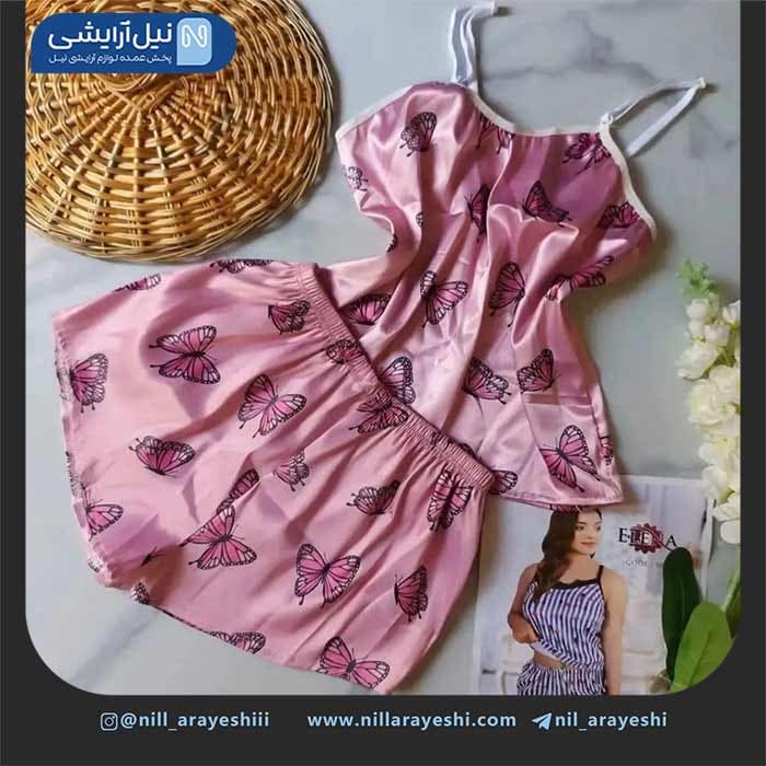 ست تاپ و شلوارک همراه اسکرانچی ساتن طرح دار النا