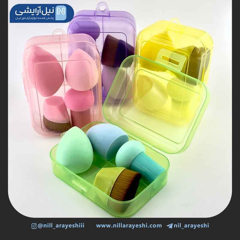 ست پد و براش آرایشی باکس دار مستطیلی رنگی چهار عدد ی
